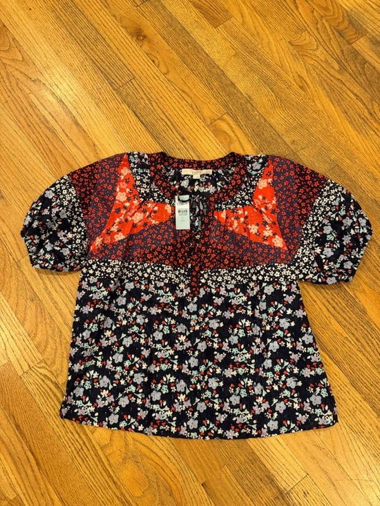 LOFT Tops - LOFT Petites Navy Blouse with Red Floral Print
